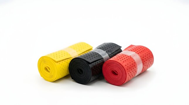 Three rolled racket grip wraps in yellow black and red on white background