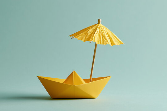 Yellow paper boat under a small paper umbrella minimal protection concept