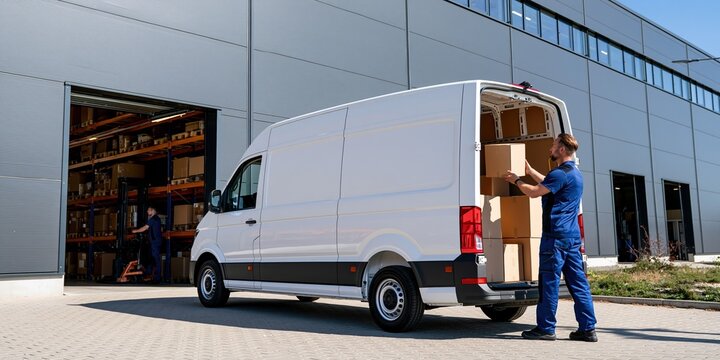 Delivery driver loading boxes into white van outside modern warehouse facility for logistics and shipping
