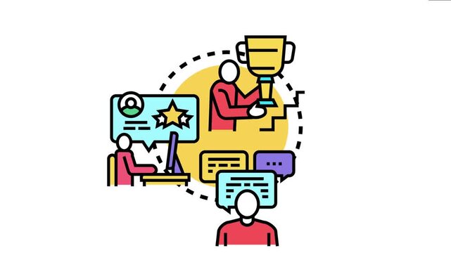 People interacting and giving feedback, leading to achievement, recognition for unique qualities, and successfully reaching goals through customer appreciation and valuable communication