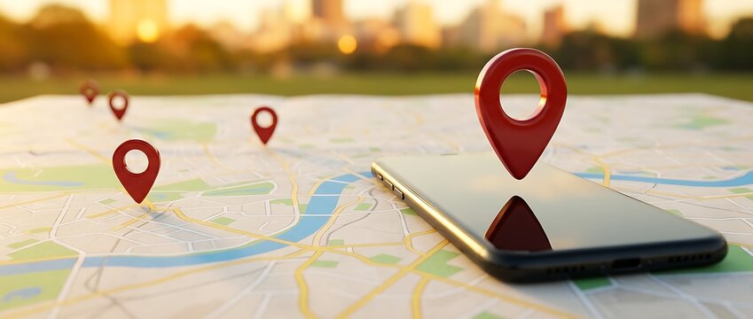 Smartphone displaying city map with multiple red navigation location pins set on street grid with sunlit urban background at dusk.
