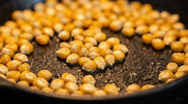 Close up of yellow corn kernels heating in pan ready to pop with warm light and textured surface