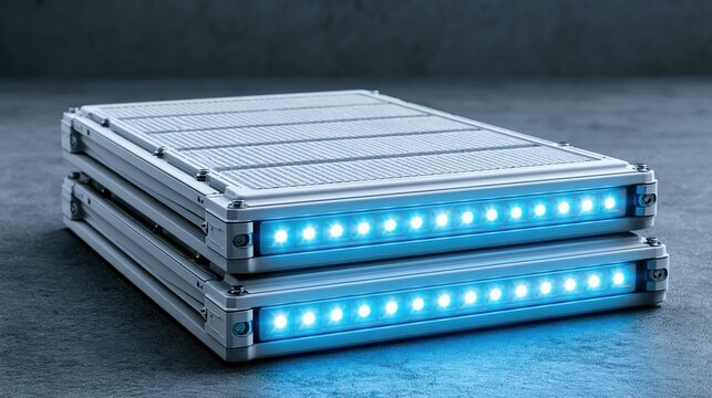 Modern Electric Vehicle Battery Pack Stacked with Blue LED Illumination