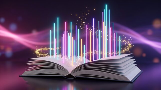 Open book with colorful neon light bars and glowing particles erupting from pages symbolizing knowledge and data visualization concept.