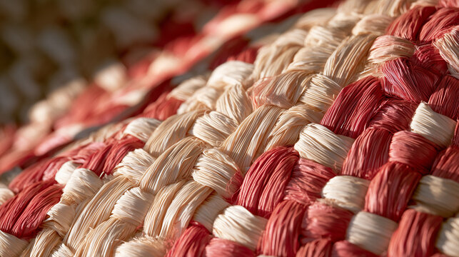 Woven dyed raffia mat in coral and cream natural fibre texture