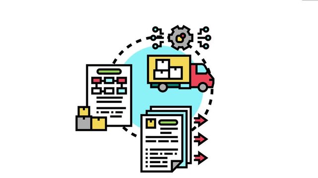 Logistics and procurement icon a supply chain process, with documents, delivery truck, and boxes, symbolizing inventory management and distribution