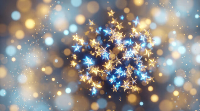 Glowing golden and blue star shapes with soft bokeh lights create magical and festive atmosphere in this abstract background image