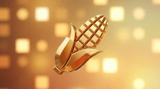 Golden corn cob with husk in shiny metallic style on blurred background, symbolizing agriculture and harvest in elegant design