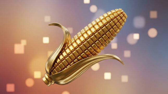 Golden corn cob with husk on blurred background, shiny metallic texture and warm light creating luxurious and elegant feeling