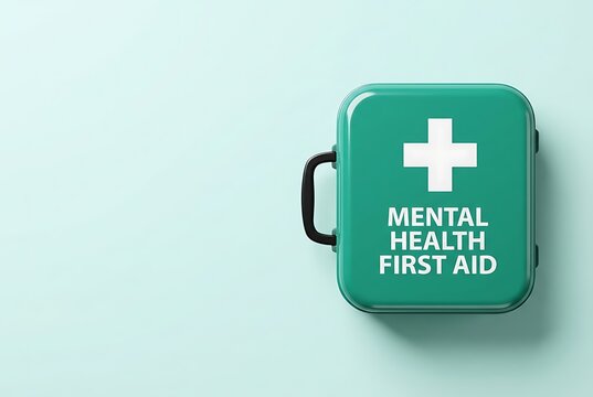 Green mental health first aid kit box isolated on light teal background for wellness awareness campaigns and clinical psychological support resources for patients.