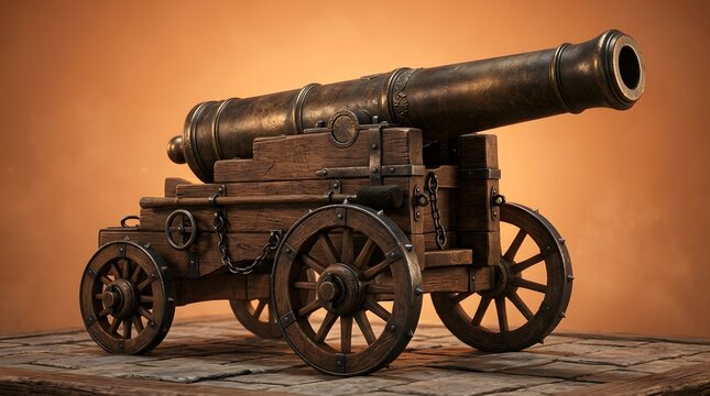 Historical bronze cannon on a wooden carriage, side view, isolated on a textured background