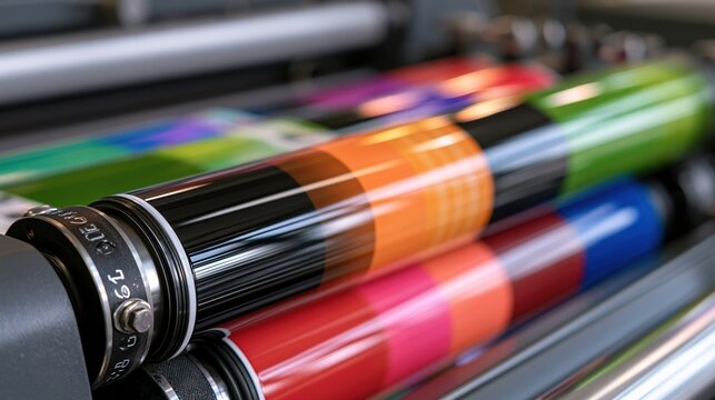 Close up of a printing press roller with vibrant CMYK ink colors, showcasing the printing process in action