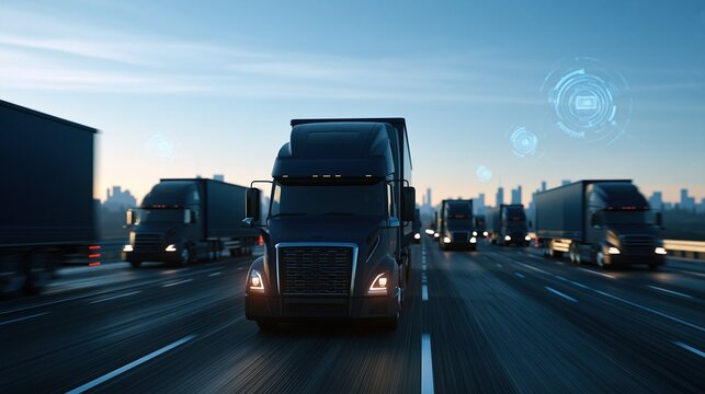 Fleet of autonomous trucks driving on highway at dusk with futuristic technology interface