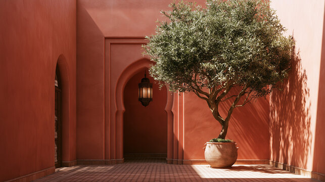 Terracotta Mediterranean courtyard with an arched doorway and potted olive tree