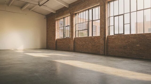 Spacious loft with large industrial windows flooding empty room with warm sunlight interior design