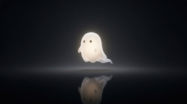 Glowing ghost floats mysteriously in dark halloween background creating spooky and eerie atmosphere with its soft light and reflection