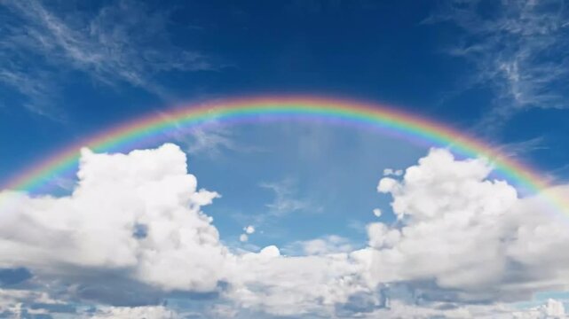 Perfect Rainbow Arch Spanning Across Fluffy White Clouds and Blue Sky