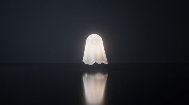 Glowing ghost figure floats with soft light and reflection on dark surface creating spooky halloween background atmosphere