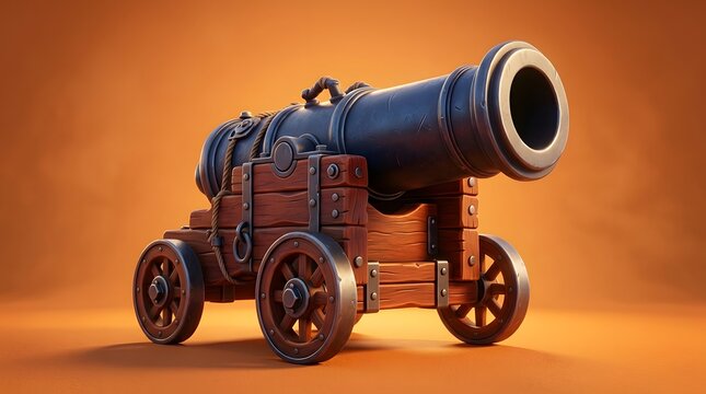 A studio shot of a classic historical wooden cannon on wheels isolated against an orange background