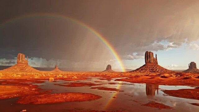 Double Rainbow and Storm Over Monument Valley Desert Landscape