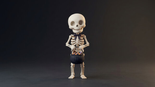 Cute skeleton holding basket full of candy stands against dark halloween background creating spooky festive atmosphere