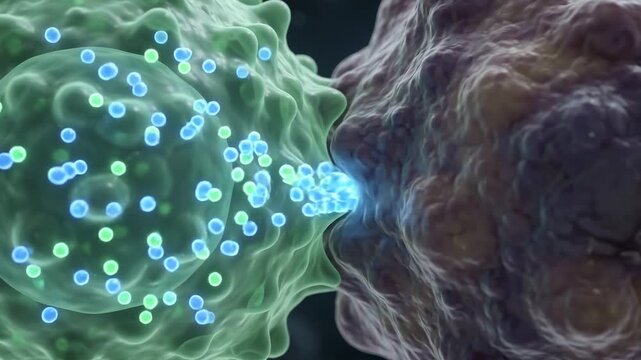 Immune cell attacking cancer cell with cytotoxins