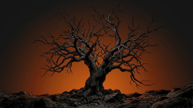 Halloween background spooky tree barren dark night eerie landscape silhouette twisted creepy dead forest mysterious ominous scary autumn branch