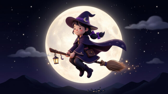Cute witch flying on broomstick in front of full moon with dark halloween background and sparkling stars creating magical night scene