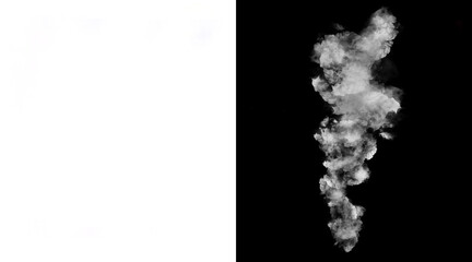 Fototapeta premium Realistic white smoke plume on black background. Atmospheric steam trail and vapor cloud. Ethereal smoke texture for overlay effects.