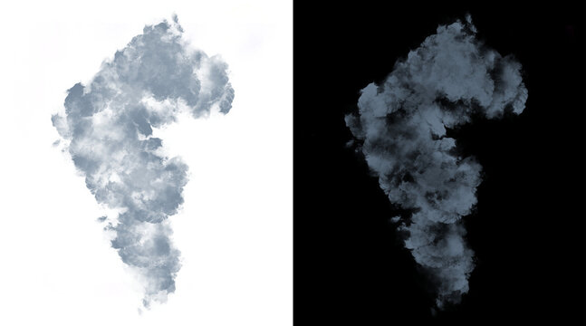 Realistic smoke plume illustration, thick gray steam cloud on white and black backgrounds, atmospheric vapor trail for visual effects