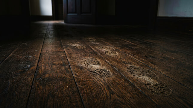 Dark wooden floor with dusty footprints leading to slightly open door creating mysterious halloween background with eerie atmosphere and shadow