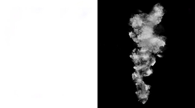 Realistic white smoke plume on black background. Atmospheric steam trail and vapor cloud. Ethereal smoke texture for overlay effects.