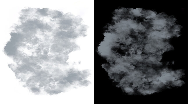 Realistic white smoke plume on transparent background, thick gray steam cloud illustration, atmospheric fog effect for design