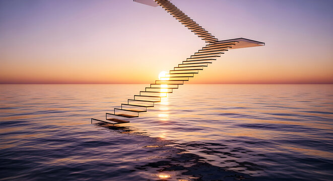 Glass Stairway Above Calm Ocean at Colorful Sunset