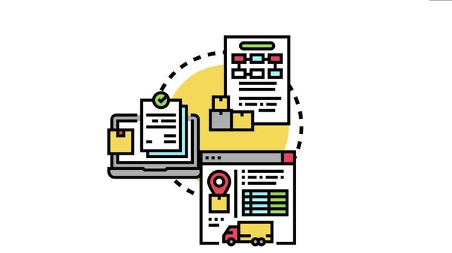 Acquisition and shipment concept representing an organized system for purchasing goods. Managing inventory. Processing orders. And delivering products