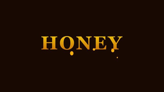 Golden honey text animation with dripping liquid effect on dark 4k background, for organic food, branding and sweet, culinary concepts