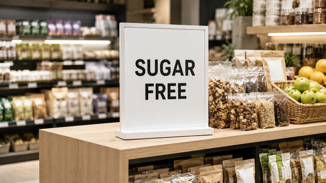 A store display features a "Sugar Free" sign surrounded by packaged snacks and fresh fruit, promoting healthier, sugar-free options for shoppers.