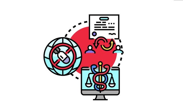 Concept visualizing an authorization act involving people exchanging documents, protecting global stability and ensuring justice through legal decisions displayed on a monitor