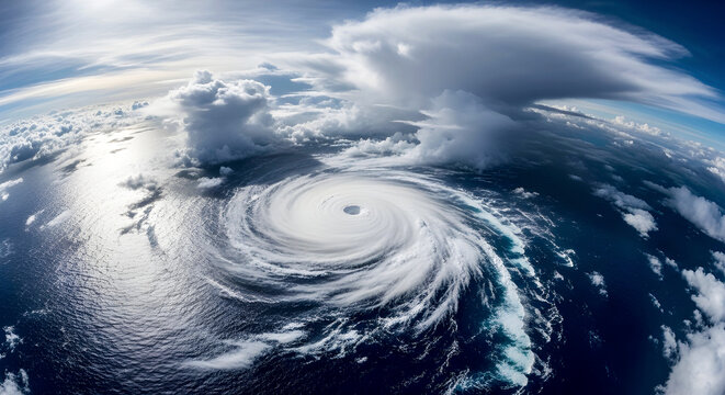 Massive Hurricane Eye Spiraling Over the Deep Blue Ocean