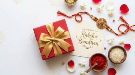Fototapeta premium Top view of red gift box with golden bow next to rakhi and ritual items for Raksha Bandhan.