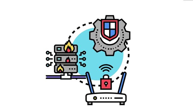 Computer network infrastructure experiencing a cyber attack with a shield icon and router symbolizing robust firewall protection settings and data security