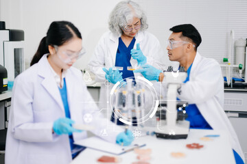 Fototapeta premium Scientists conducting meat research and food science analysis in a modern laboratory, studying samples, quality, biotechnology and animal science.
