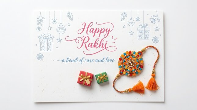 Happy Rakhi greeting card design with colorful rakhi and small gift boxes on white textured background.