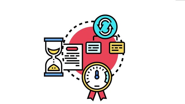 Timed schedule concept showing an hourglass, document, timer, and a flowchart with recycling arrows, visualizing automation, deadline management, and systematic task execution