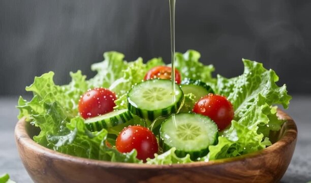 Hand pouring a thin stream of olive oil over fresh green salad with lettuce, cucumber, and cherry tomatoes in a wooden bowl. 4K video