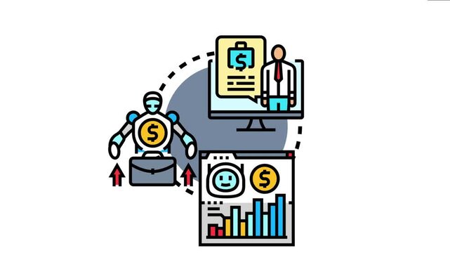 Robot advisor managing investments with a portfolio manager supervising data analysis on financial charts, optimizing asset distribution for growth
