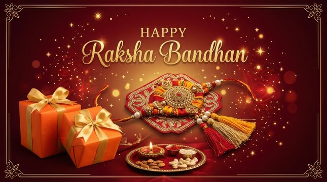 Happy raksha bandhan celebration card with orange gift boxes festive thread bracelet and diya lamp on maroon silk surface.