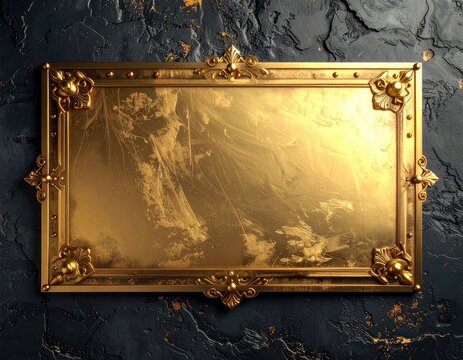 An ornate golden frame with decorative elements rests on a textured dark background.