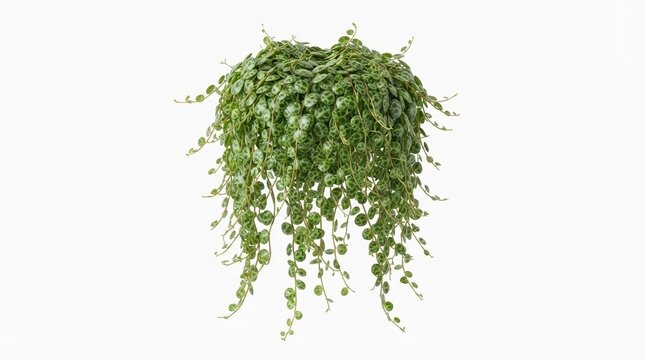 String of pearls succulent plant, hanging green senecio rowleyanus houseplant, trailing indoor vine on white background
