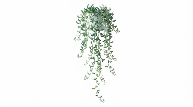Hanging green ivy plant on white background. Trailing indoor vine foliage. Decorative climbing houseplant for interior design and home decor.